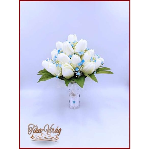 Fehér tulipán-kék díszítéssel örök-csokor 29 szálas+kitűzővel 
