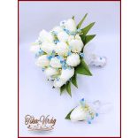 Fehér tulipán-kék díszítéssel örök-csokor 29 szálas+kitűzővel 