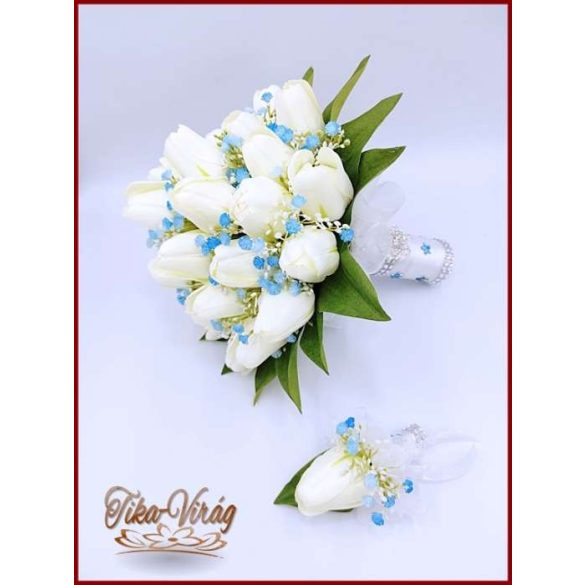 Fehér tulipán-kék díszítéssel örök-csokor 29 szálas+kitűzővel 