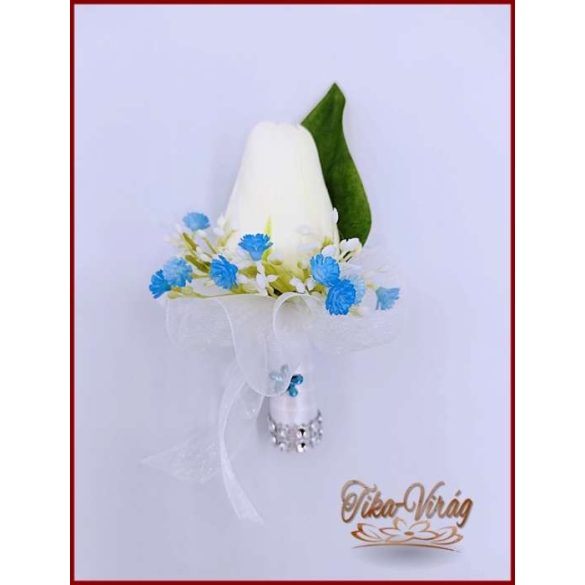 Fehér tulipán-kék díszítéssel örök-csokor 29 szálas+kitűzővel 