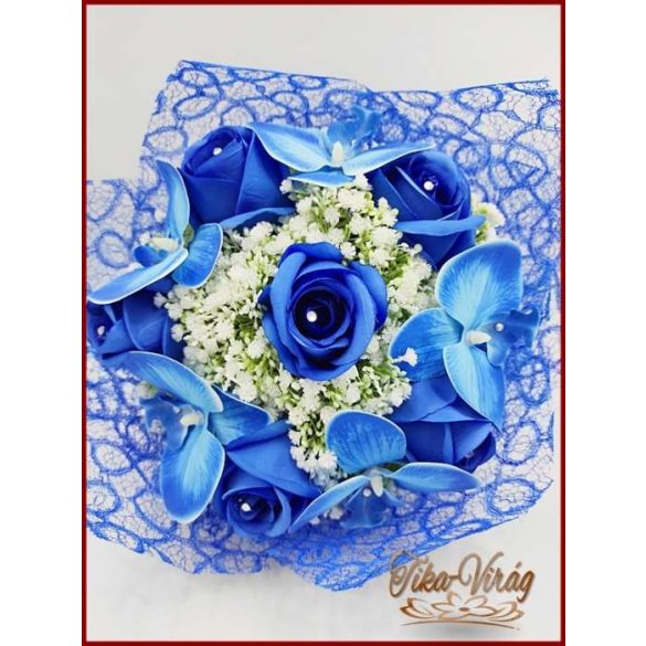 Ballagási örök csokor – kék rózsából és kék orchideából elegáns ajándék