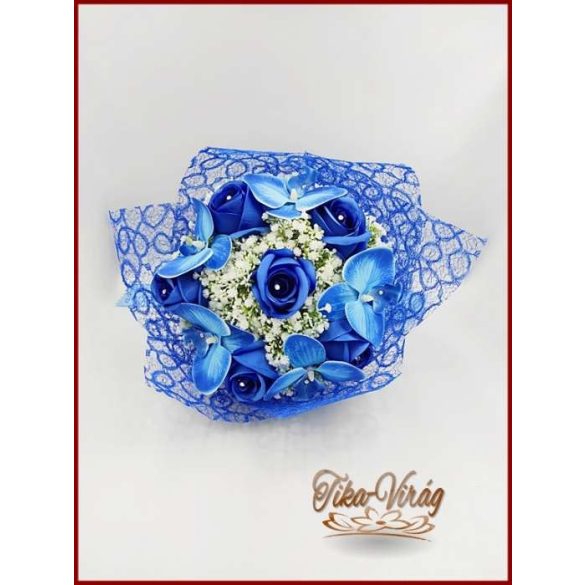 Ballagási örök csokor – kék rózsából és kék orchideából elegáns ajándék