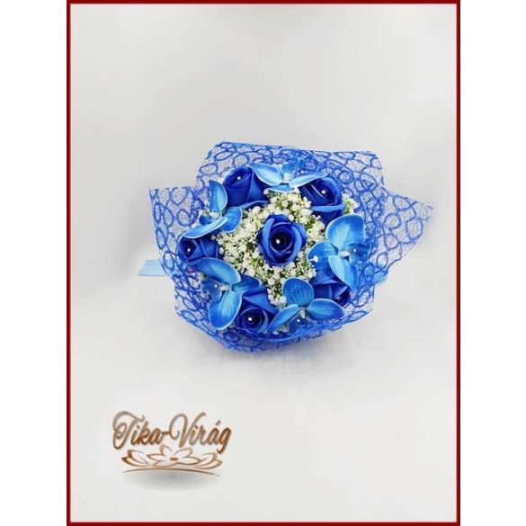 Ballagási örök csokor – kék rózsából és kék orchideából elegáns ajándék