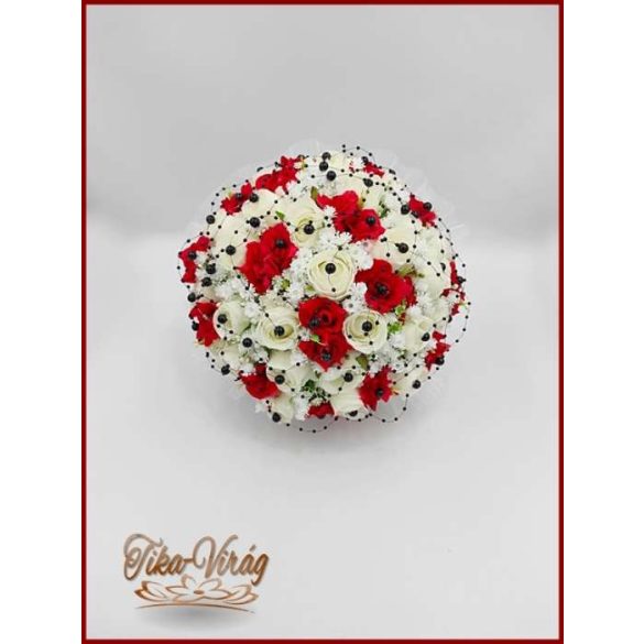 25 szálas fehér-piros rózsás - fekete díszítésű örök-csokor 