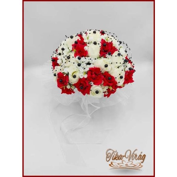 25 szálas fehér-piros rózsás - fekete díszítésű örök-csokor 