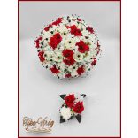 25 szálas fehér-piros rózsás - fekete díszítésű örök-csokor + kitűzővel 