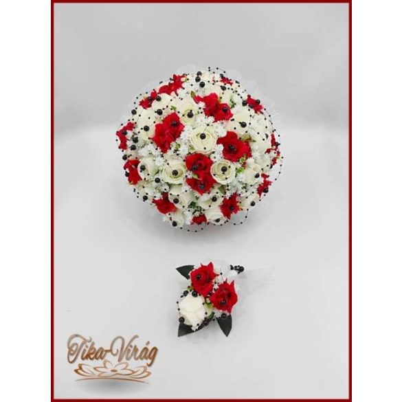 25 szálas fehér-piros rózsás - fekete díszítésű örök-csokor + kitűzővel 