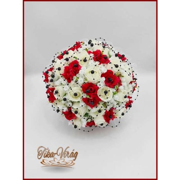 25 szálas fehér-piros rózsás - fekete díszítésű örök-csokor + kitűzővel 