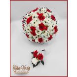 25 szálas fehér-piros rózsás - fekete díszítésű örök-csokor + kitűzővel 