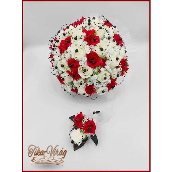 25 szálas fehér-piros rózsás - fekete díszítésű örök-csokor + kitűzővel 