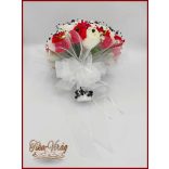 25 szálas fehér-piros rózsás - fekete díszítésű örök-csokor + kitűzővel 