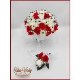 25 szálas fehér-piros rózsás - fekete díszítésű örök-csokor + kitűzővel 