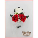 25 szálas fehér-piros rózsás - fekete díszítésű örök-csokor + kitűzővel 