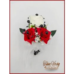   Fehér- piros rózsás - fekete díszítéssel kitűző, bokréta 
