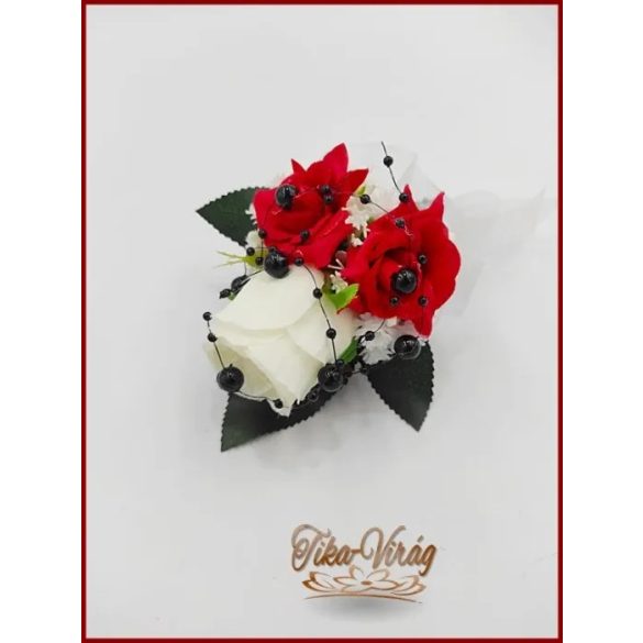 Fehér- piros rózsás - fekete díszítéssel kitűző, bokréta 