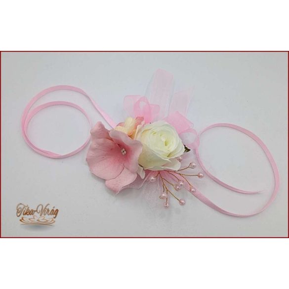 Rózsaszín-fehér rózsás-hortenziás csuklódísz 