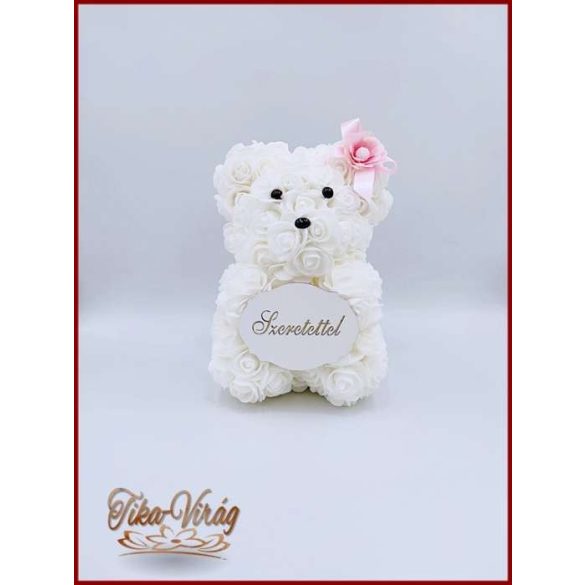 Fehér Rózsa-Maci táblácskával 25 cm 