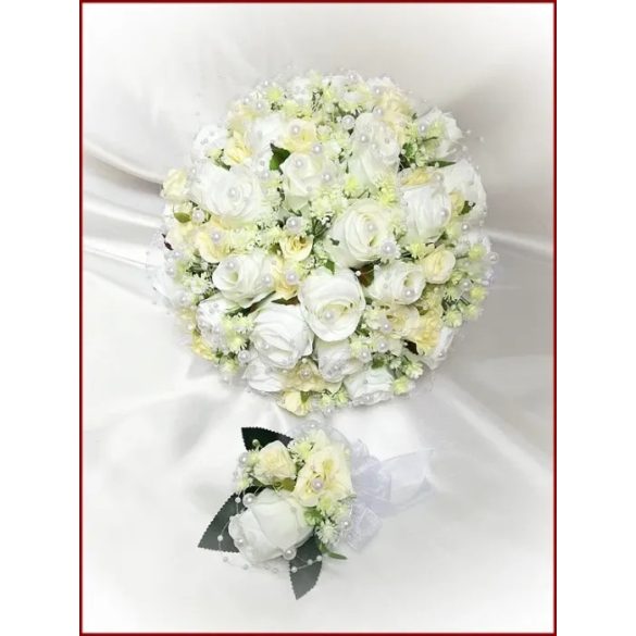 25 szálas fehér-ekrü rózsás örök-csokor + kitűzővel 