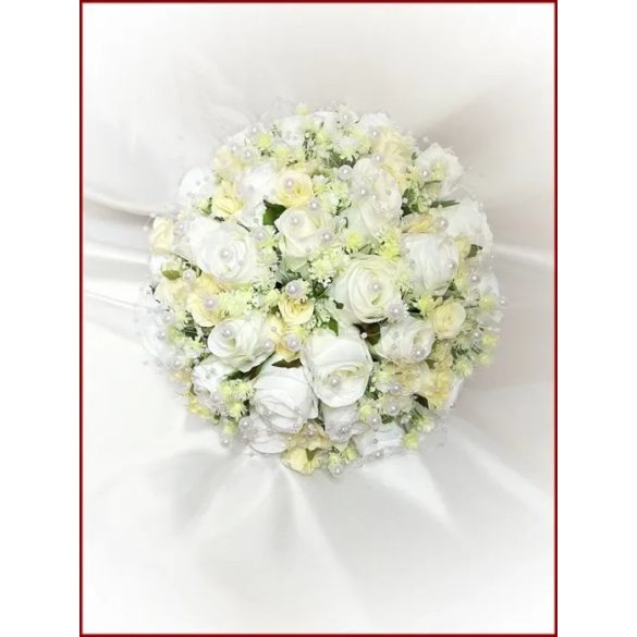 25 szálas fehér-ekrü rózsás örök-csokor + kitűzővel 