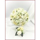 25 szálas fehér-ekrü rózsás örök-csokor + kitűzővel 