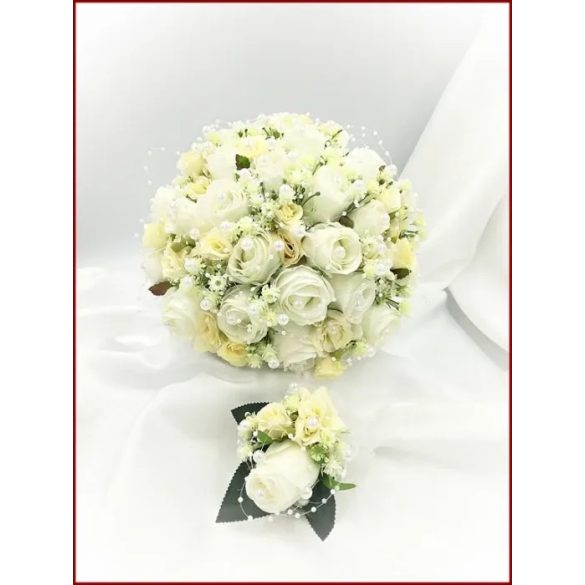 25 szálas fehér-ekrü rózsás örök-csokor + kitűzővel 