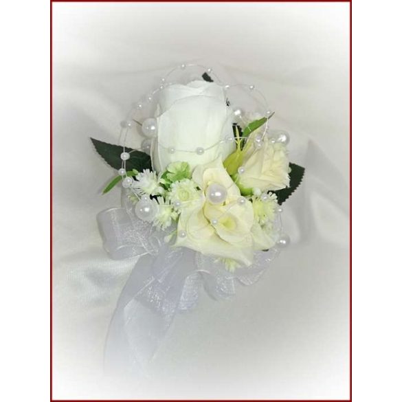 Fehér-ekrü rózsás 1 virágos kitűző, bokréta 