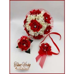   7 virágos Piros rózsa-örök csokor + kitűzővel + csuklódísszel 