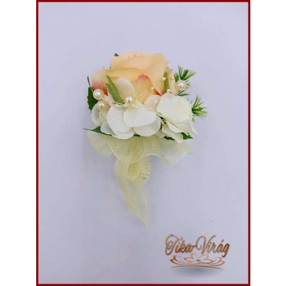 Kitűző, bokréta barack rózsás-ekrü hortenziás 