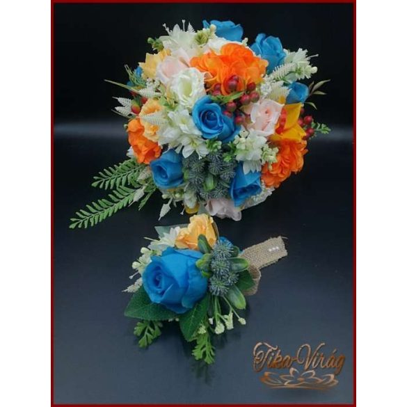 KÉK RÓZSÁS VEGYES CSOKOR + Kitűzővel 