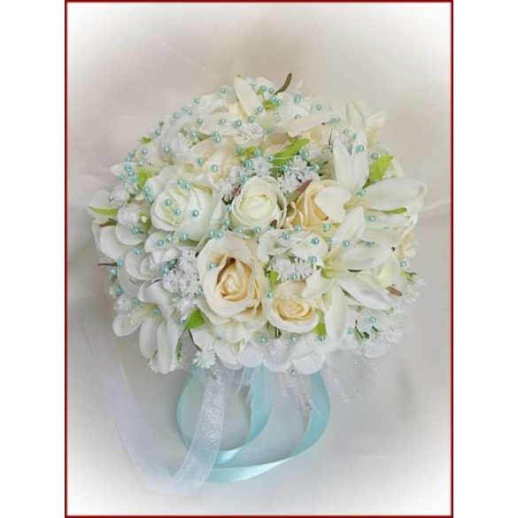 Ekrü-fehér türkiz díszítésű örök-csokor 
