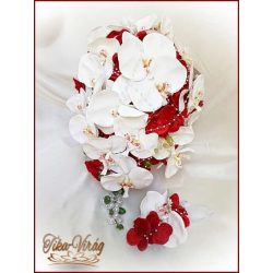Piros-fehér orchideás örök-csokor+kitűzővel 