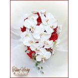 Piros-fehér orchideás örök-csokor+kitűzővel 