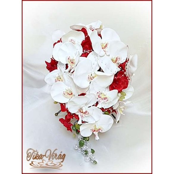 Piros-fehér orchideás örök-csokor+kitűzővel 