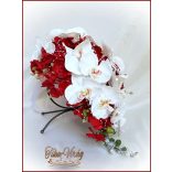 Piros-fehér orchideás örök-csokor+kitűzővel 