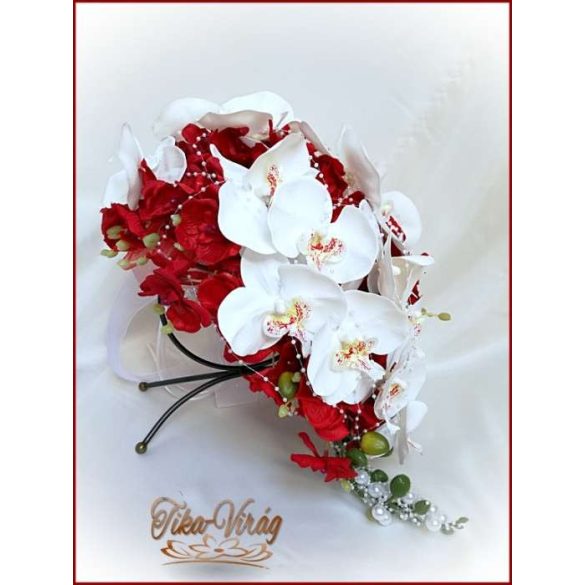 Piros-fehér orchideás örök-csokor+kitűzővel 