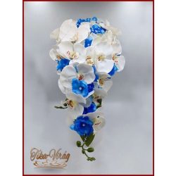   Fehér rózsás- Fehér orchideás király-kék hortenziával díszített örök-csepp csokor 