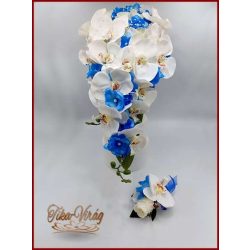   Fehér rózsás- Fehér orchideás király-kék hortenziával díszített örök-csepp csokor + kitűzővel 