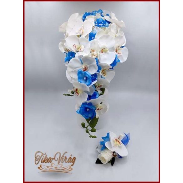 Fehér rózsás- Fehér orchideás király-kék hortenziával díszített örök-csepp csokor + kitűzővel 
