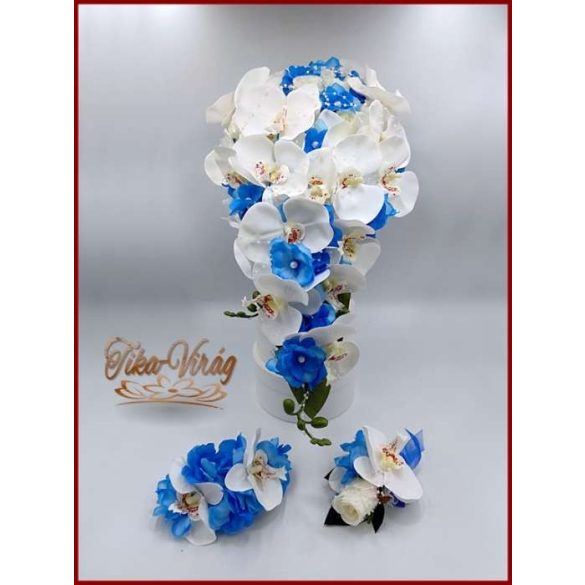 Fehér rózsás- Fehér orchideás király-kék hortenziával díszített örök-csepp csokor + kitűzővel + hajdísszel 