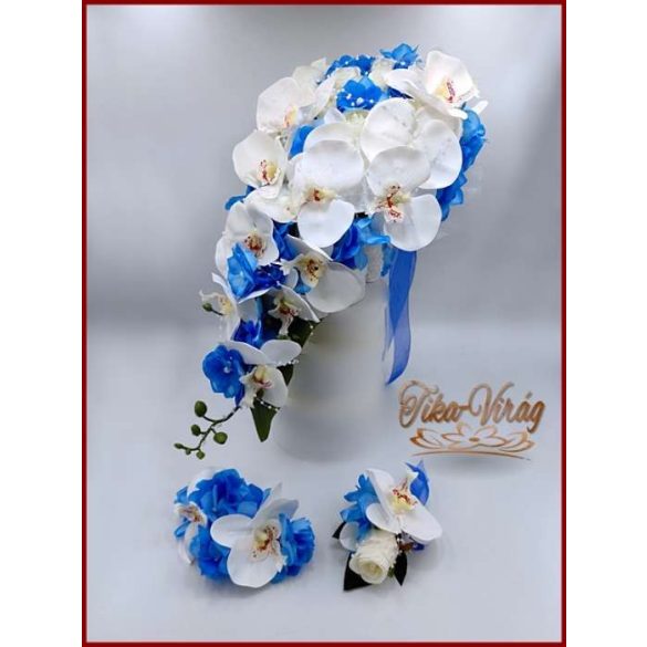 Fehér rózsás- Fehér orchideás király-kék hortenziával díszített örök-csepp csokor + kitűzővel + hajdísszel 