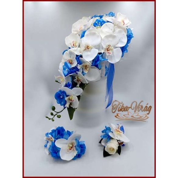 Fehér rózsás- Fehér orchideás király-kék hortenziával díszített örök-csepp csokor + kitűzővel + hajdísszel 