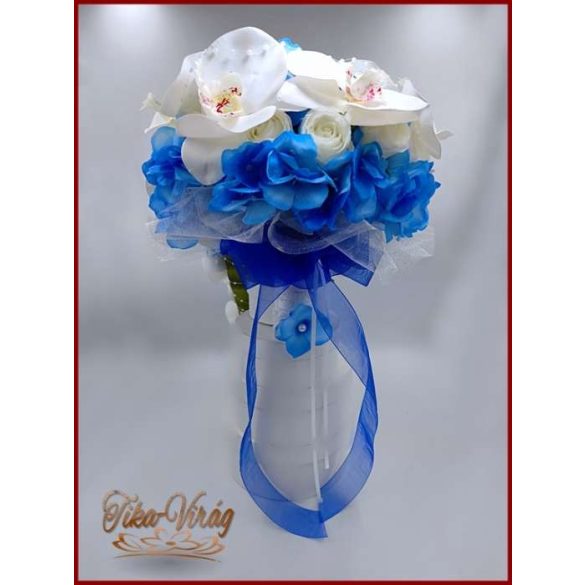Fehér rózsás- Fehér orchideás király-kék hortenziával díszített örök-csepp csokor + kitűzővel + hajdísszel 