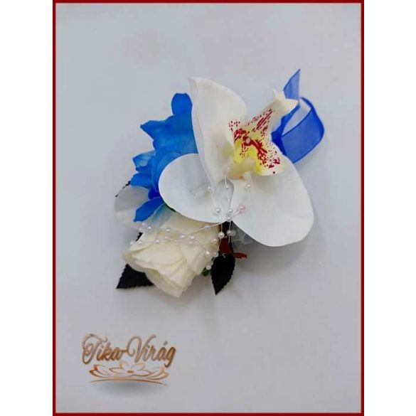 Fehér rózsás- Fehér orchideás király-kék hortenziával díszített örök-csepp csokor + kitűzővel + hajdísszel 