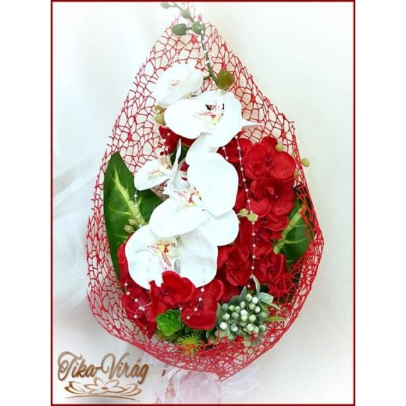 Piros-fehér orchideás örök szülőköszöntő-csokor 