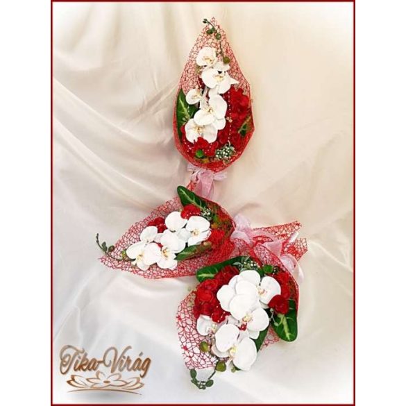 Piros-fehér orchideás örök szülőköszöntő-csokor 