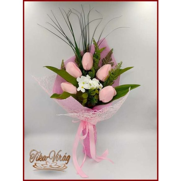 Illatos 5 virágos Rózsaszín Tulipán-hortenzia szappanvirág csokor 