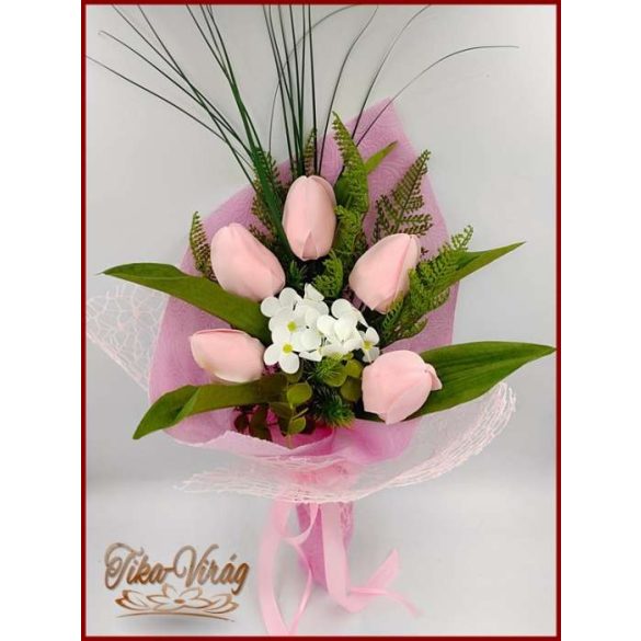 Illatos 5 virágos Rózsaszín Tulipán-hortenzia szappanvirág csokor 