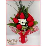 Illatos 5 virágos Piros Tulipán-hortenzia szappanvirág csokor 