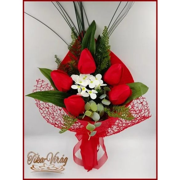 Illatos 5 virágos Piros Tulipán-hortenzia szappanvirág csokor 