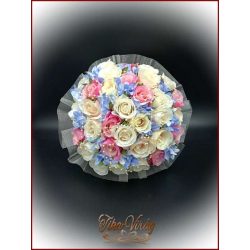 Pink-ekrü-barack-kék 32 szálas örök-csokor 